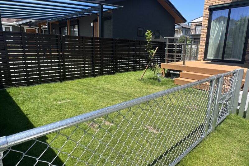 富士市の新築外構。天然芝と桜のシンボルツリーがあるドッグランスペース施工事例。